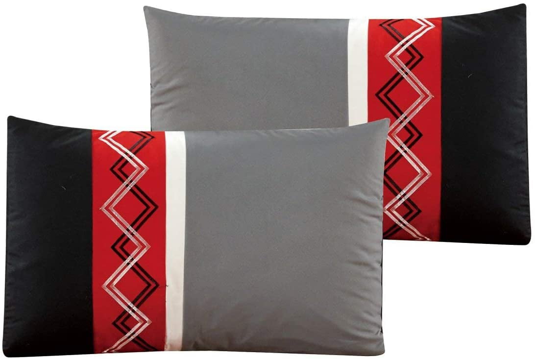 Chezmoi Collection 7-Piece Red/Black/Gray/White Modern Stripe Zigzag Embroidery Comforter Set， Queen