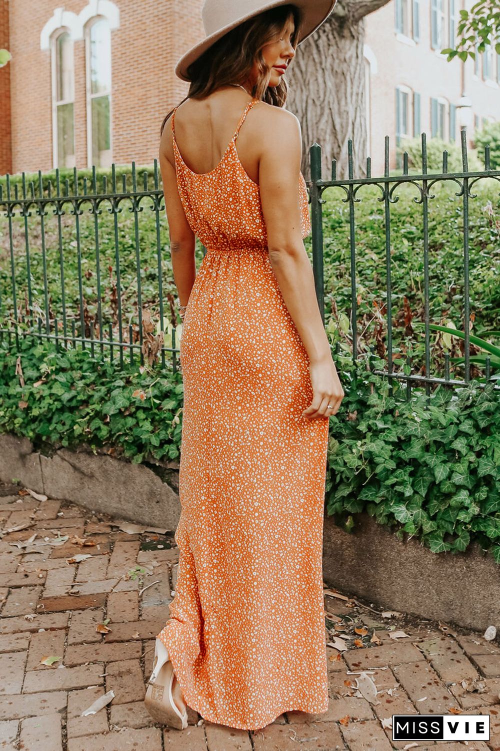 Orange Surplice Dotted Print Sleeveless Maxi Dress with Slit