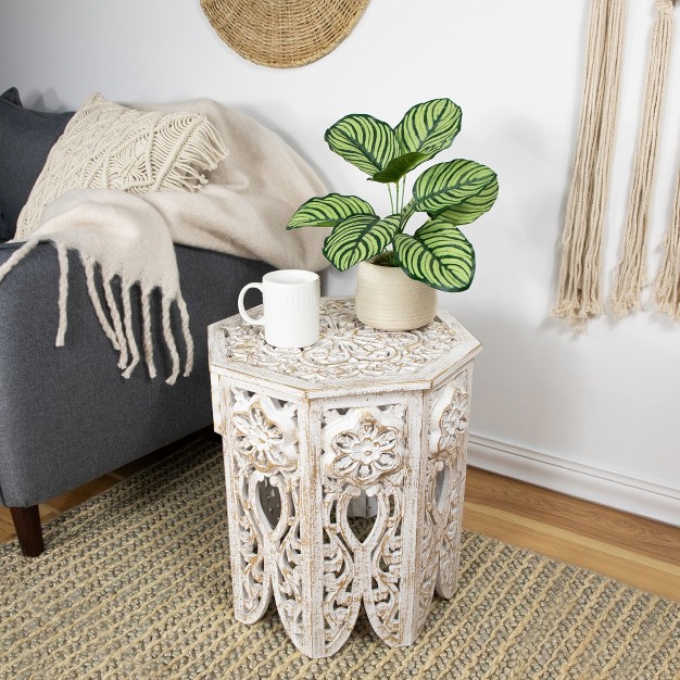 Antique White And Brushed Gold Carved Octagonal Side Table