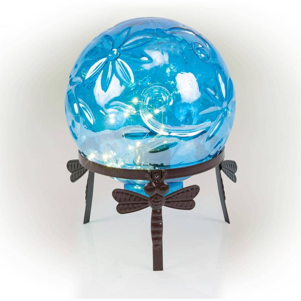 Alpine Corporation 13 in. Tall Indoor/Outdoor Pearlized Blue Glass LED Gazing Globe with Stand HGY112A-BL