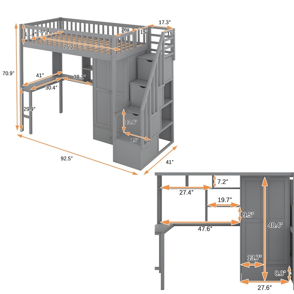 Twin size Loft Bed with Bookshelf Drawers Desk and Wardrobe