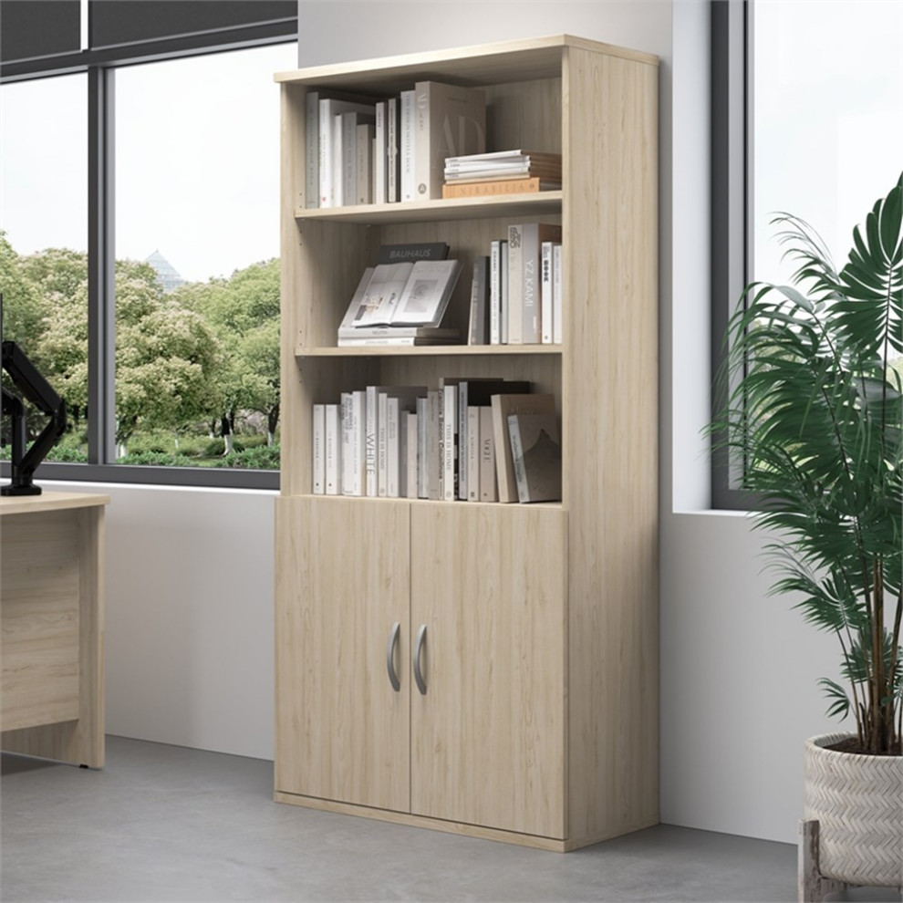 Studio C Tall 5 Shelf Bookcase with Doors in Natural Elm   Engineered Wood   Bookcases   by Homesquare  Houzz