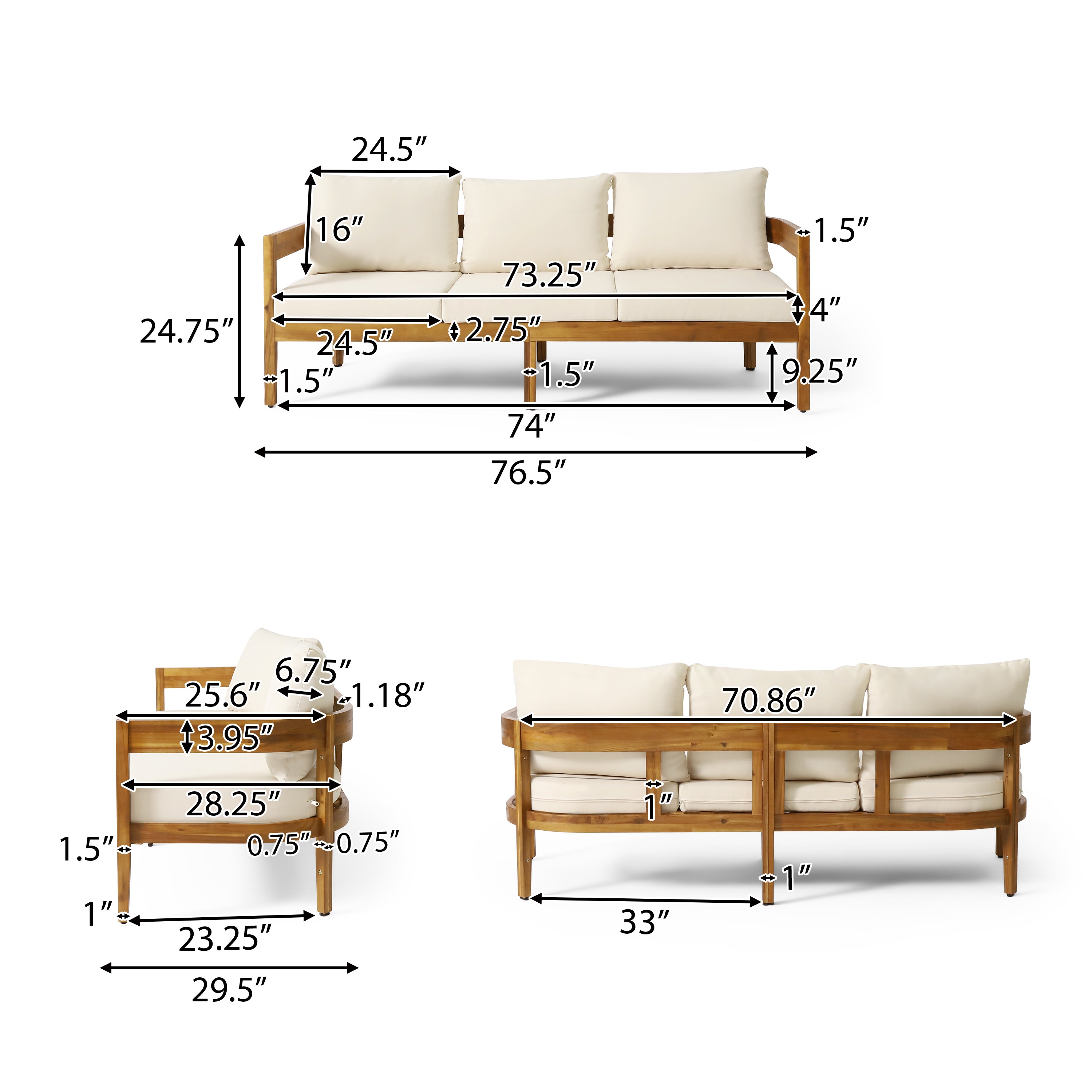 Brooklyn Outdoor Acacia Wood 3 Seater Sofa with Cushions, Teak and Beige