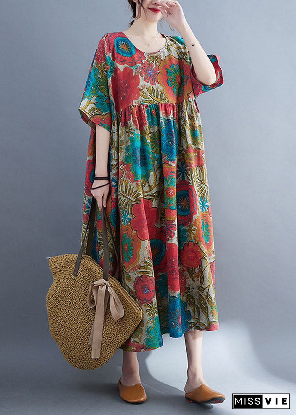 Bohemian Red O-Neck Cinched Print Linen Long Dress Short Sleeve