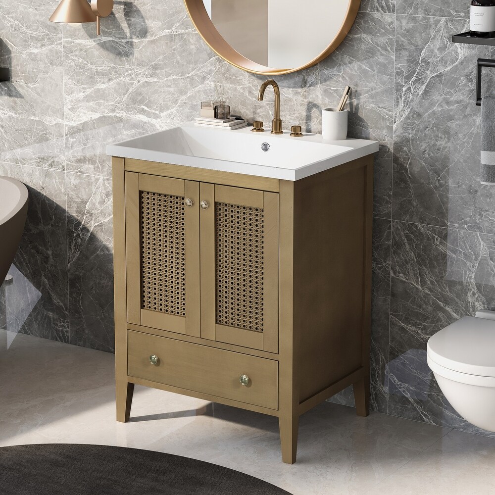 Bathroom Vanity with Ceramic Basin Rattan Bathroom Storage Cabinet