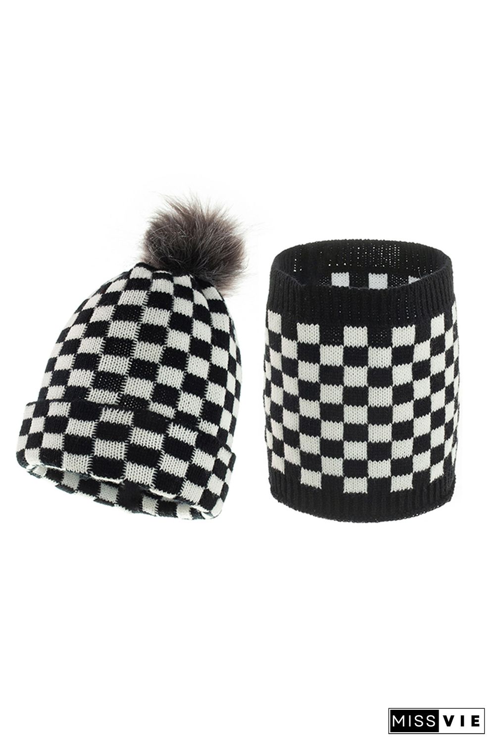 Black White Red Plaid Parent-child Knitted Hat & Scarf 4pcs Set Wholesale MOQ3pcs