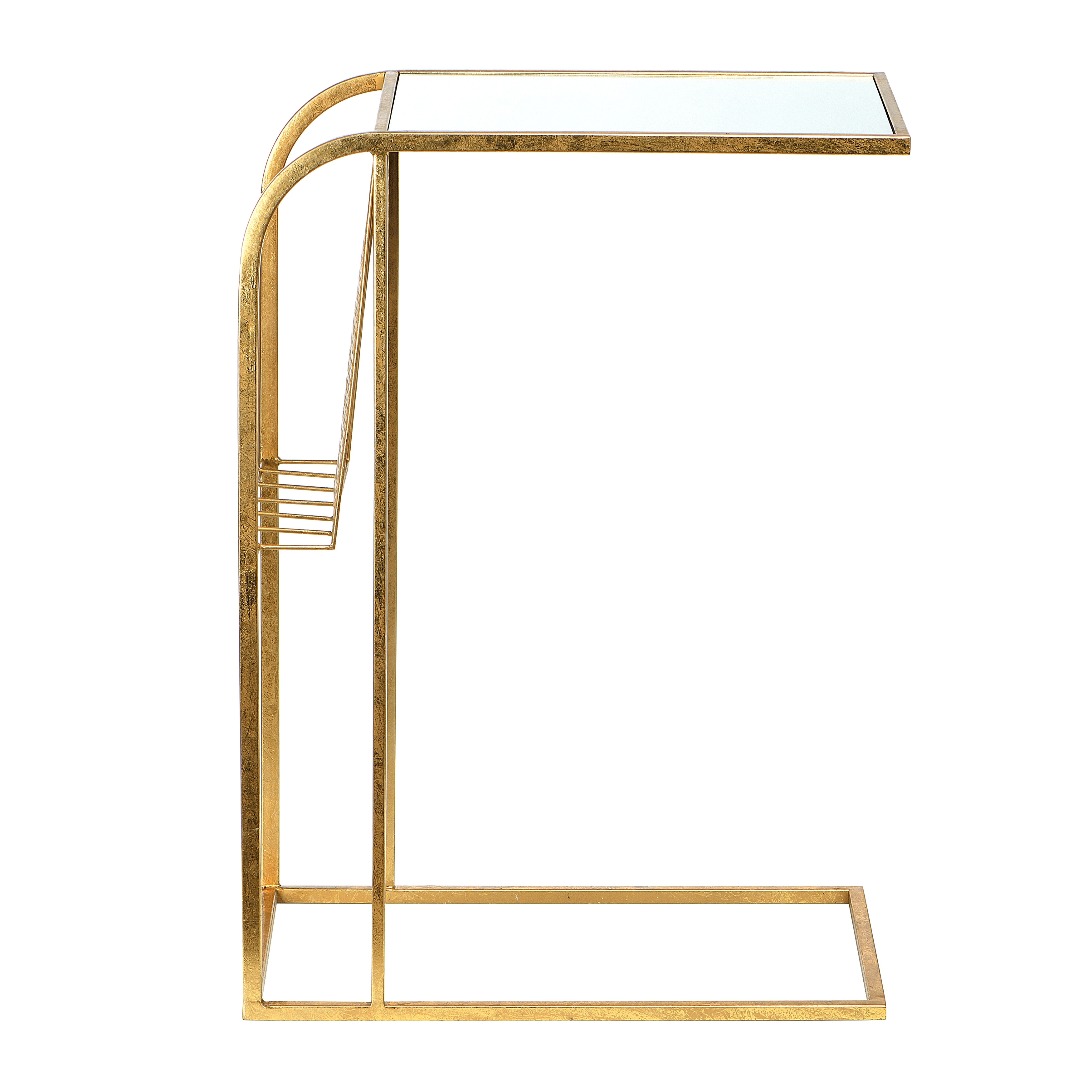 Metal Side Table with Magazine Rack and Glass Top， Gold