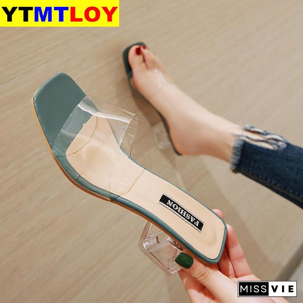 Clear Summer Sandals Women Shoes Women Mules Slides Peep Toe Transparent Square High Heels Female Shoe Casual Square Heel