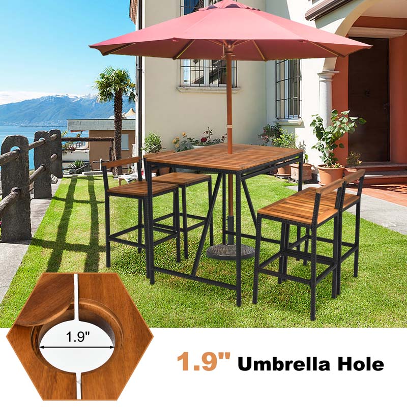 5 Pcs Acacia Wood Rattan Wicker Outdoor Patio Bar Set Dining Table Set with 1.9