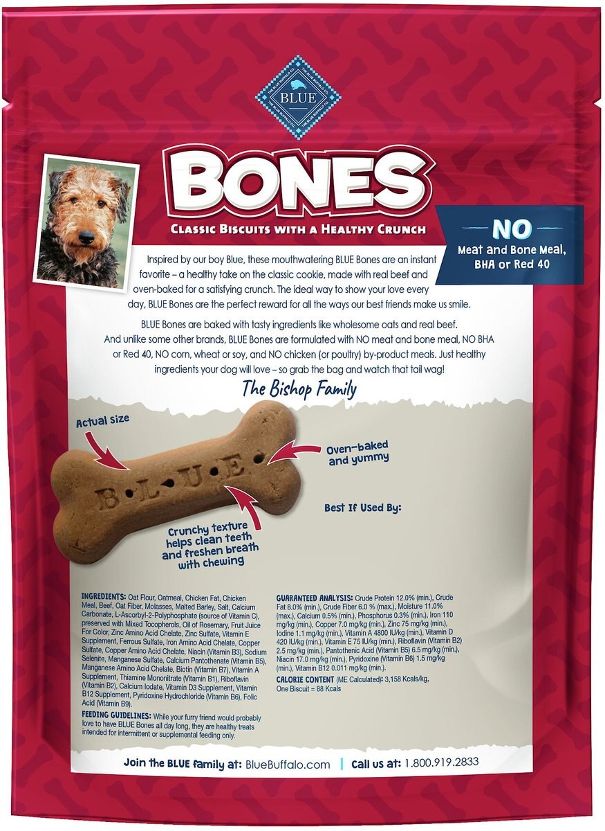 Blue Buffalo Bones Classic Biscuits Beef Dog Treats， 16-oz bag， Large