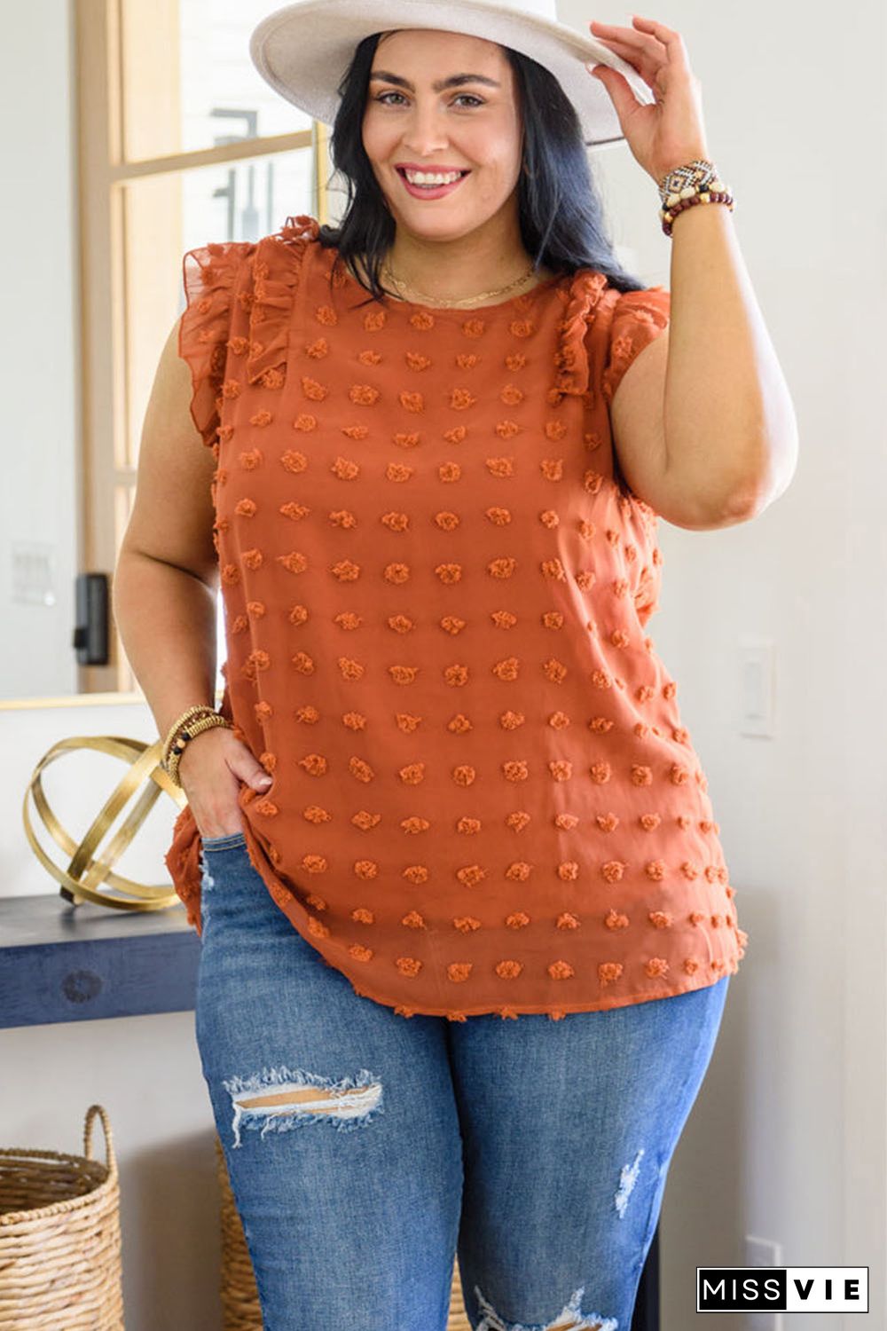 Orange Sheer Ruffle Detail Swiss Dot Curvy Tank Top