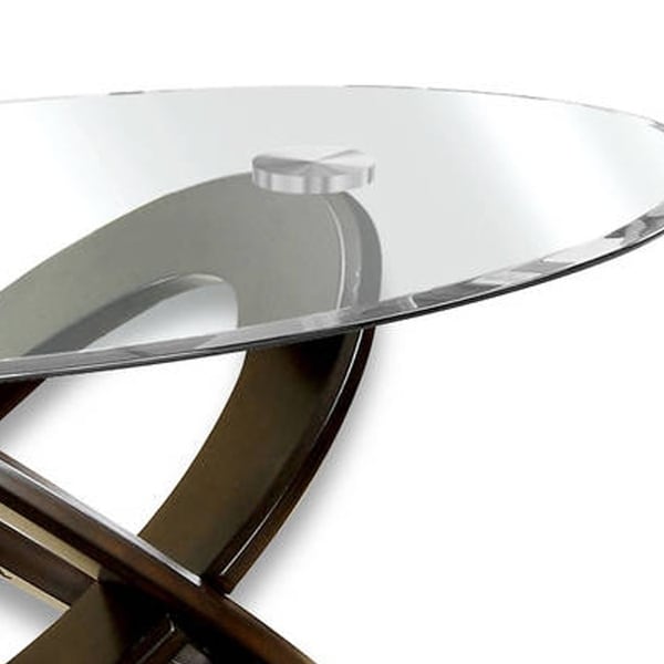 Oval Glass Top Coffee Table with Cross Oval Base， Brown and Clear