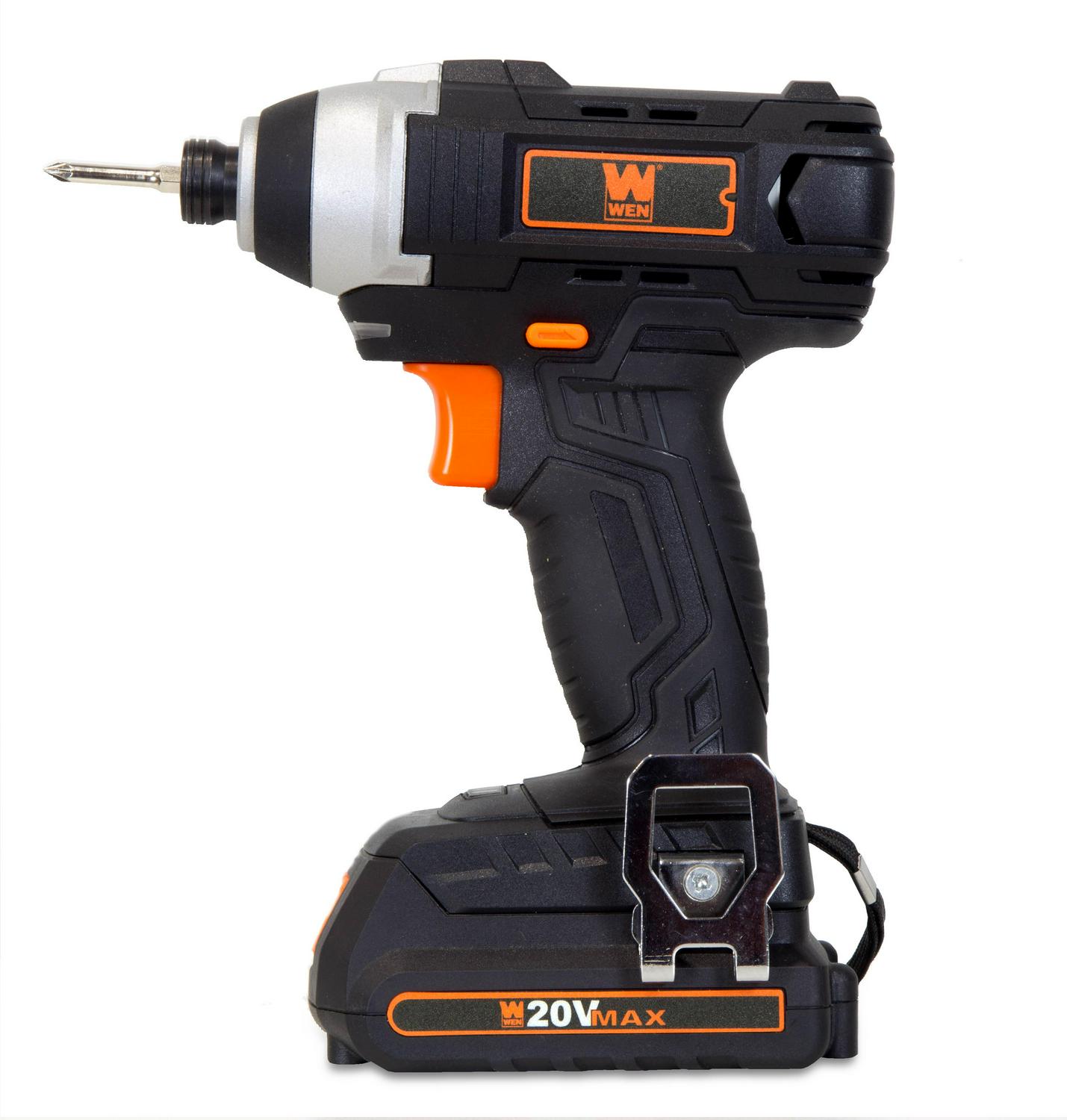 WEN 20-Volt MAX Lithium-Ion Cordless 1/4-Inch Impact Driver w/ Battery， Bits， Charger and Carrying Bag