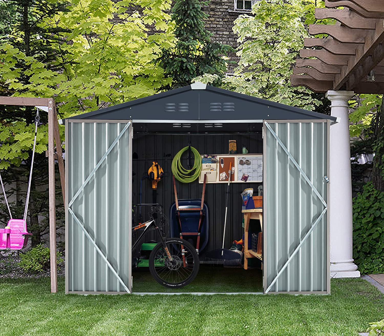 YODOLLA 6' x 8' Outdoor Metal Storage Shed Garden Tools shed With Lockable Door for Backyard