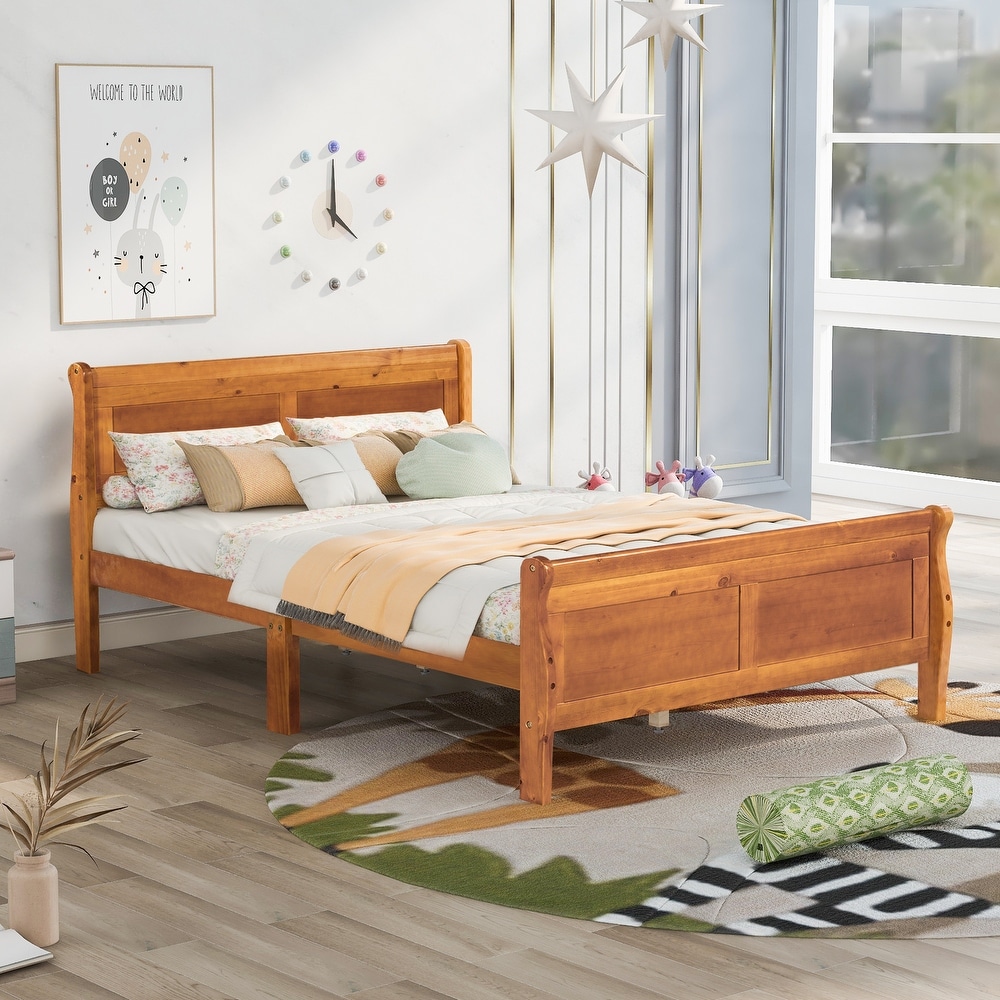 Full Wood Platform Sleigh Bed Frame with Headboard for Guest Living Room