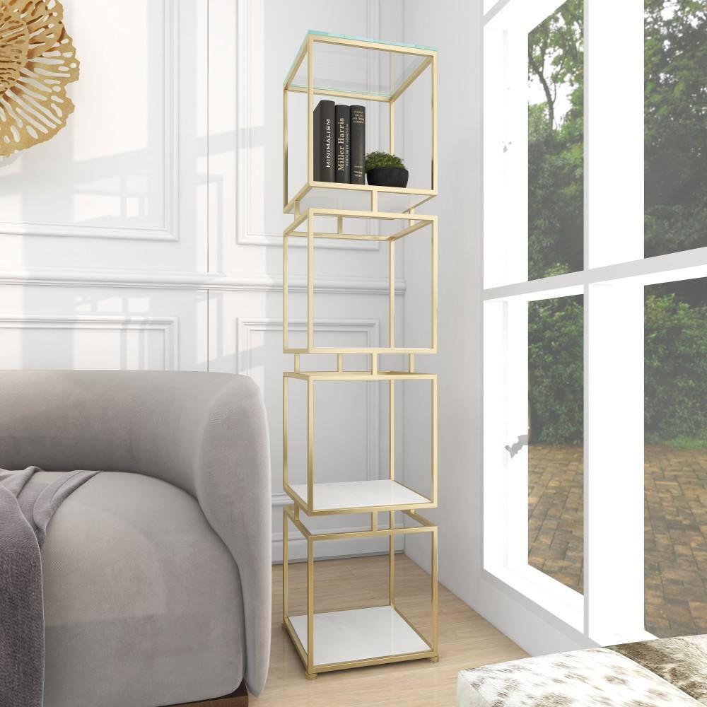 Litton Lane Metal Stationary Gold Cube Shelving Unit with 4 Marble Shelves 040244