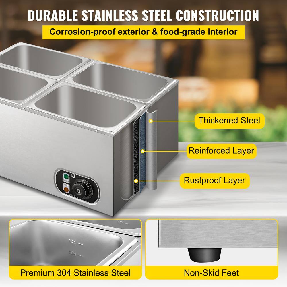 VEVOR 6 in. Deep Commercial Food Warmer 4 x 14GN 4-Pan Stainless Steel Bain Marie Steam Table 14.8 Qt. 1500Watt PT4BM-22B110V3MI7V1