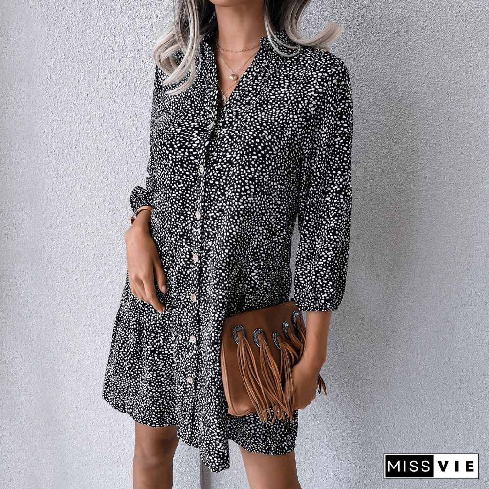 Elegant Women Polka Dot Shirt Chiffon Dress Summer Autumn Casual Loose Stand Collar Button A Line Print Dress Women Vestido