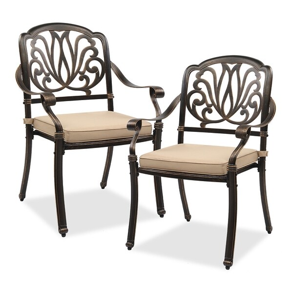 Set of 2 Cast Aluminum Patio Stackable Dining Chairs with Cushions