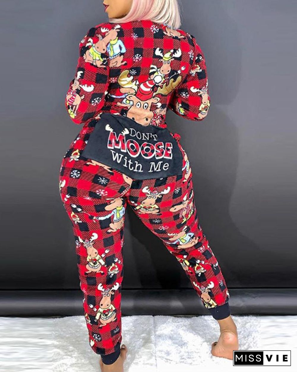 Christmas Cartoon Letter Print Plaid Jumpsuit