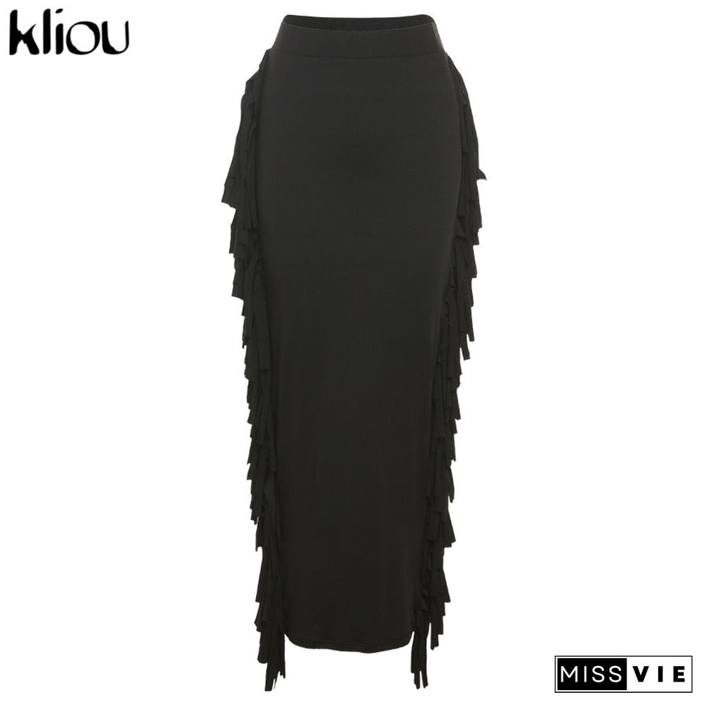 Kliou Side Tassel Women Skirt Elegant Unique Robe Straight Skinny Hight Waist Stretchy Hot Streetwear Style Female Clothes