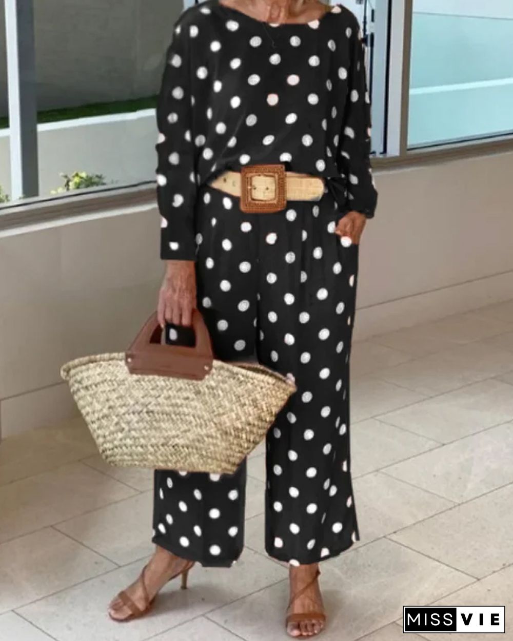 Polka dot long sleeve top wide leg pants set