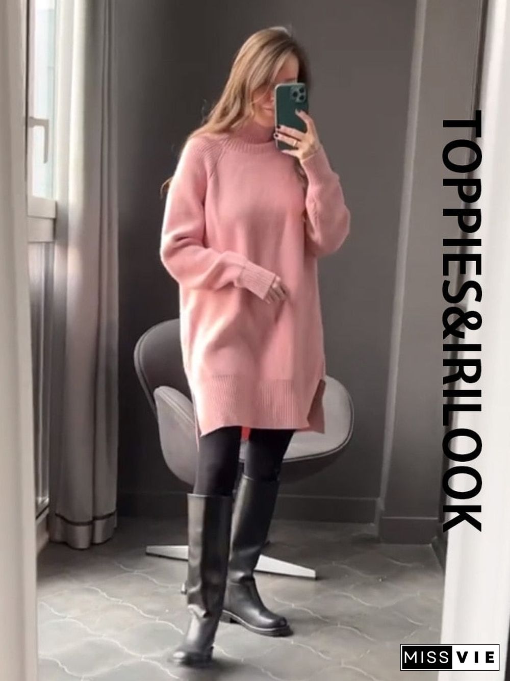 Toppies Autumn Winter Women Knitted Sweater Dress Long Sleeve Solid Sweater Loose Knitted Dress Female