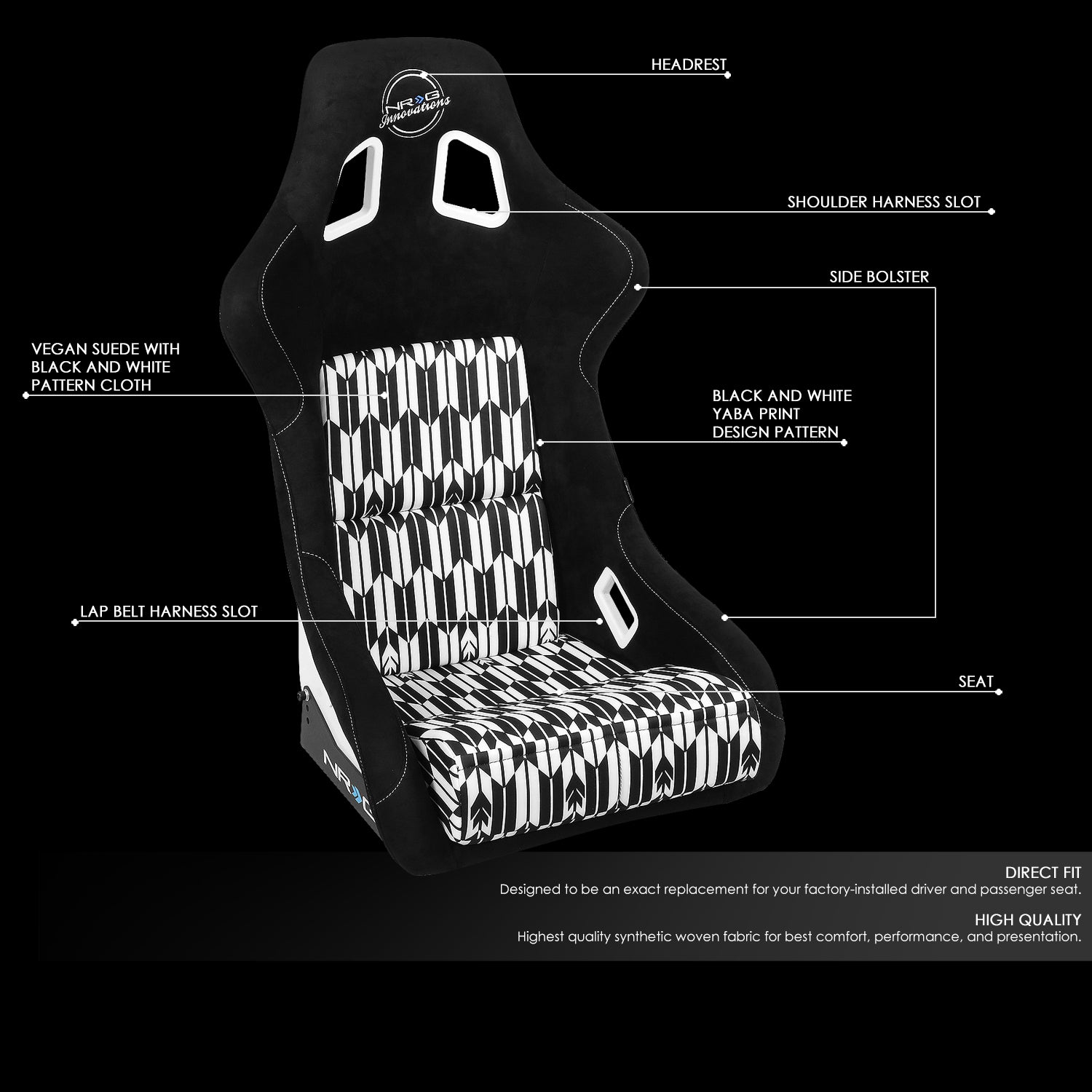 NRG Innovations Universal Bucket Racing Seat Black White YABA Design Large Size Fiberglass NGR-FRP-302-YABA