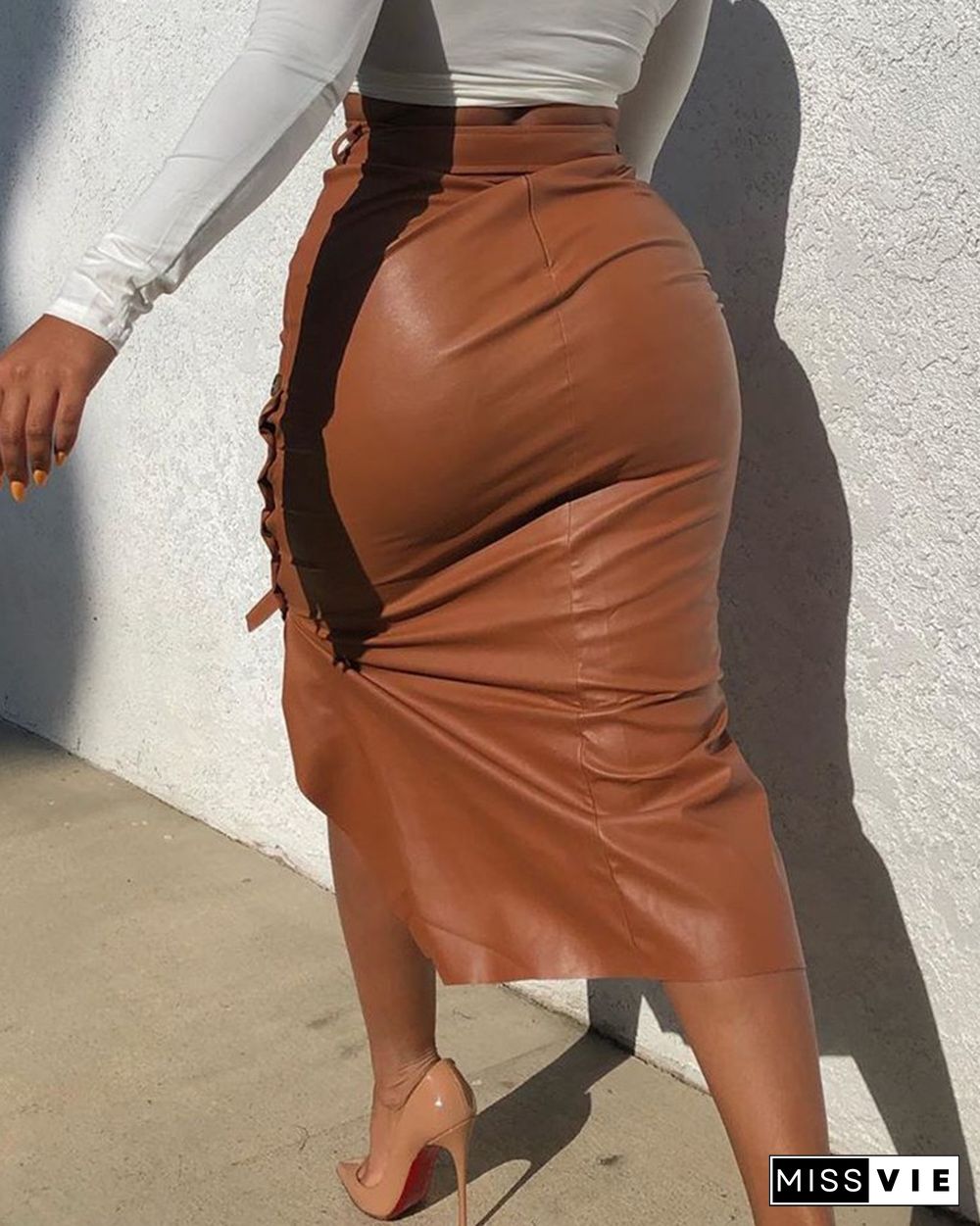 Buttoned Slit PU Leather Midi Skirt