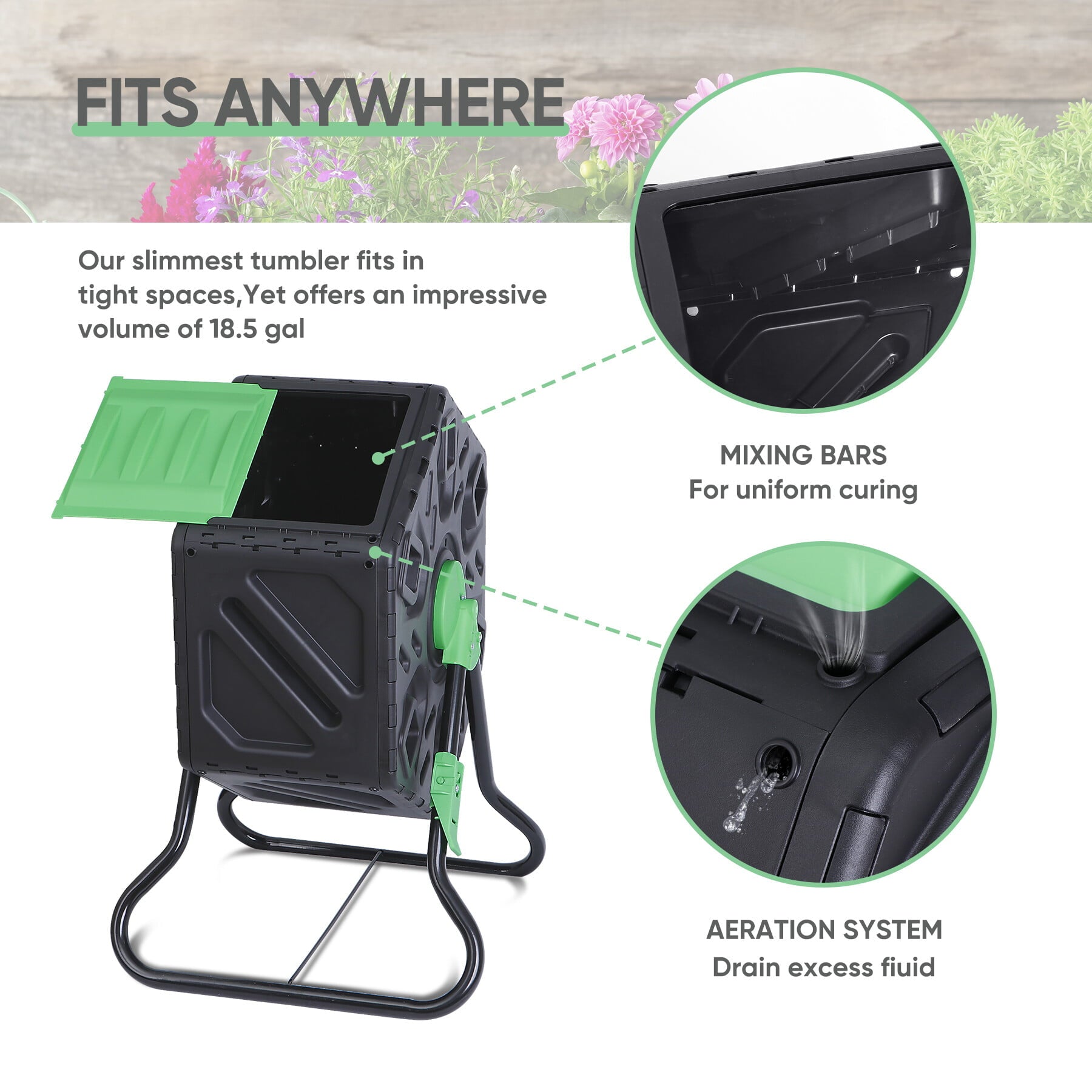 HomGarden 18.5Gal(70L) Outdoor Compost Bin Compact Rotating Tumbler Single Chamber BPA Free PP