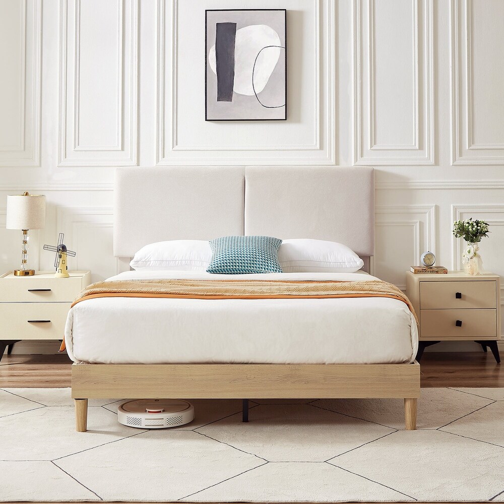 Javlergo Upholstered Bed Frame with Linen Fabric Adjustable Headboard  Strong Wood Slats Supports  No Box Spring Needed