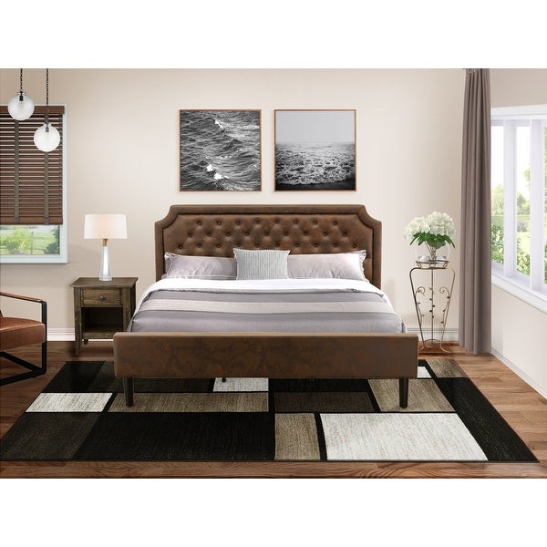 2-Piece Granbury Bed Set - Dark Brown Faux Leather Bed with Black Legs - Distressed Jacobean End Table (Bed Size Option) - - 34939582