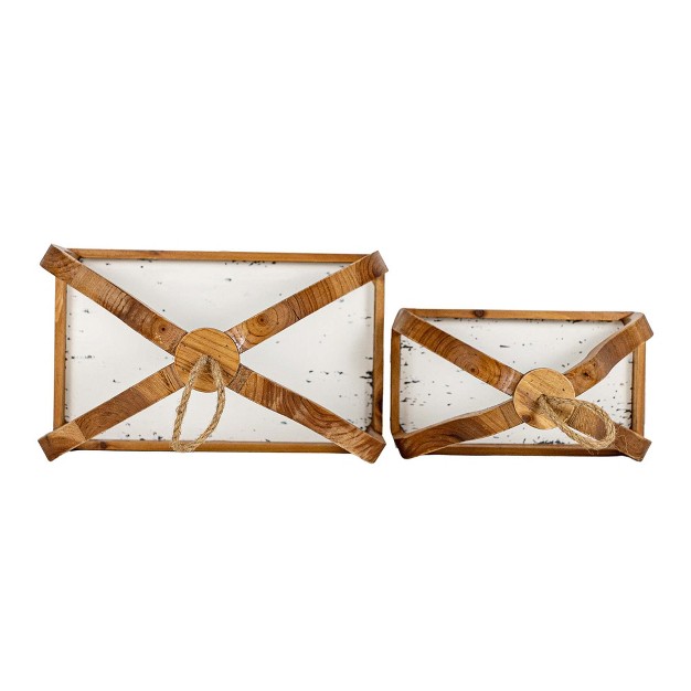 Set Of 2 Lantern Trays Natural Wood Metal amp Jute By Foreside Home amp Garden