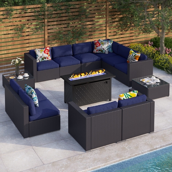 Gariau Rattan/Wicker 13Piece Outdoor Patio Conversation Sectional Set with 2 Kinds of Gas Fire Pit Tables by Havenside Home