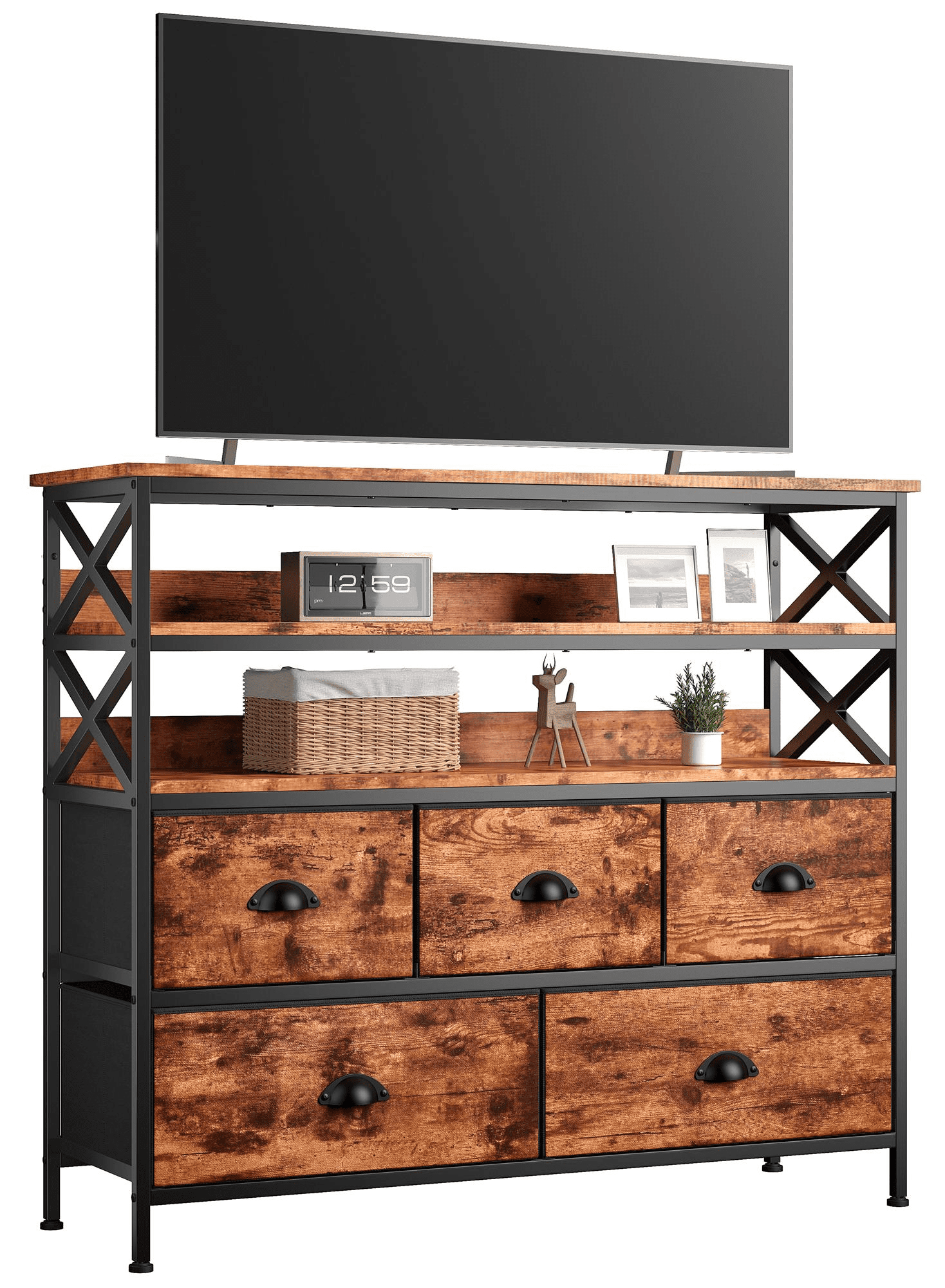 EnHomee Wide Dresser for Bedroom Tall TV Stand with Storage Fabric Double Dresser with 5 Drawers & Shelves Entertainment Center TV Dresser for Bedroom Living Room Closet Hallway, Rustic Brown