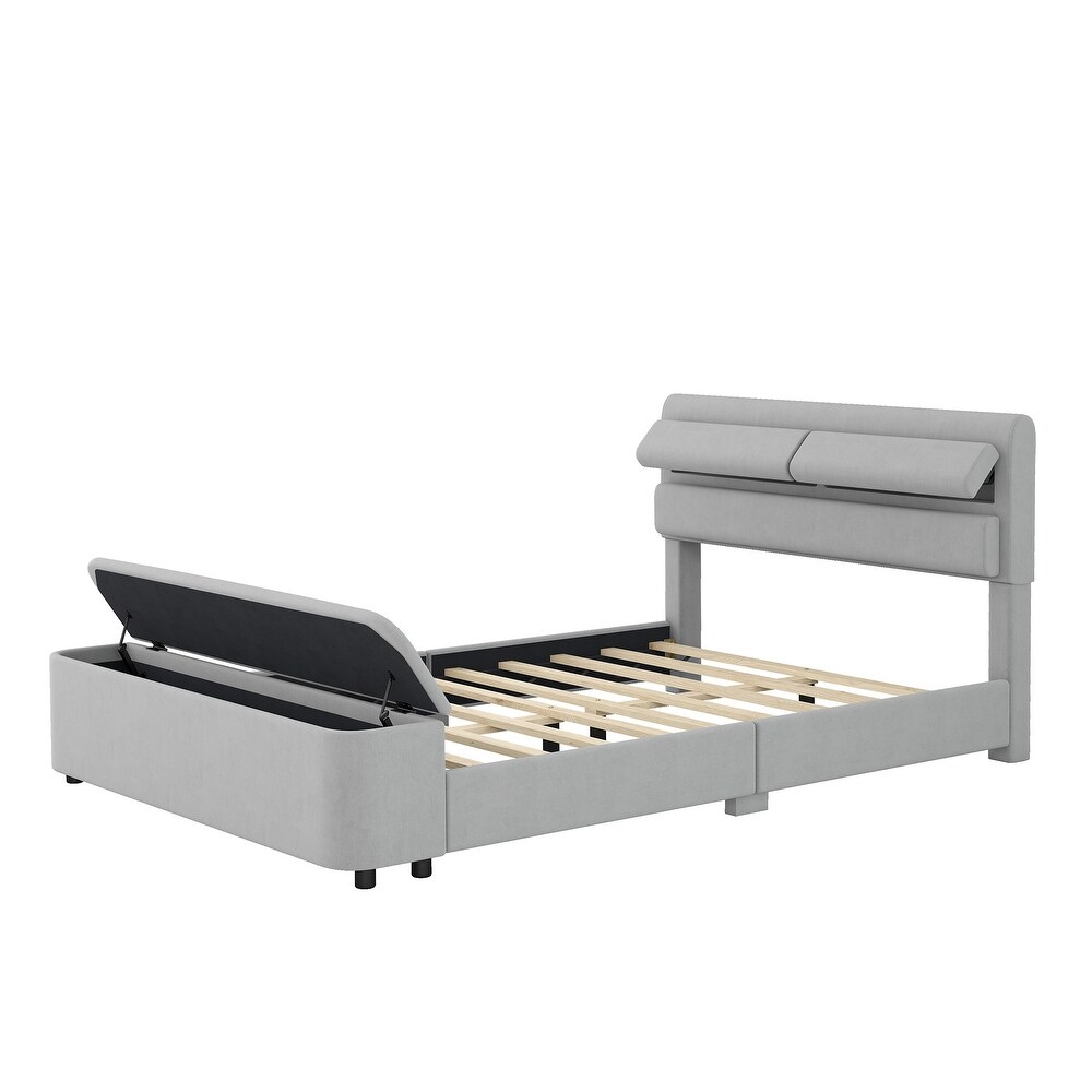 Upholstery Platform Bed with Storage Headboard and Footboard  Support Legs  Solid Wood Bedframe  No Need Spring Box