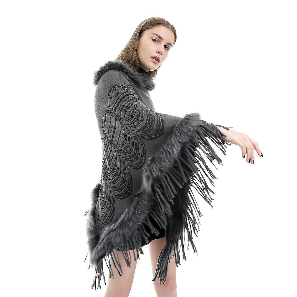 Winter Cape With Faux Fur Collar Pullover Poncho Thciken Cardigant With Tassel For Lady