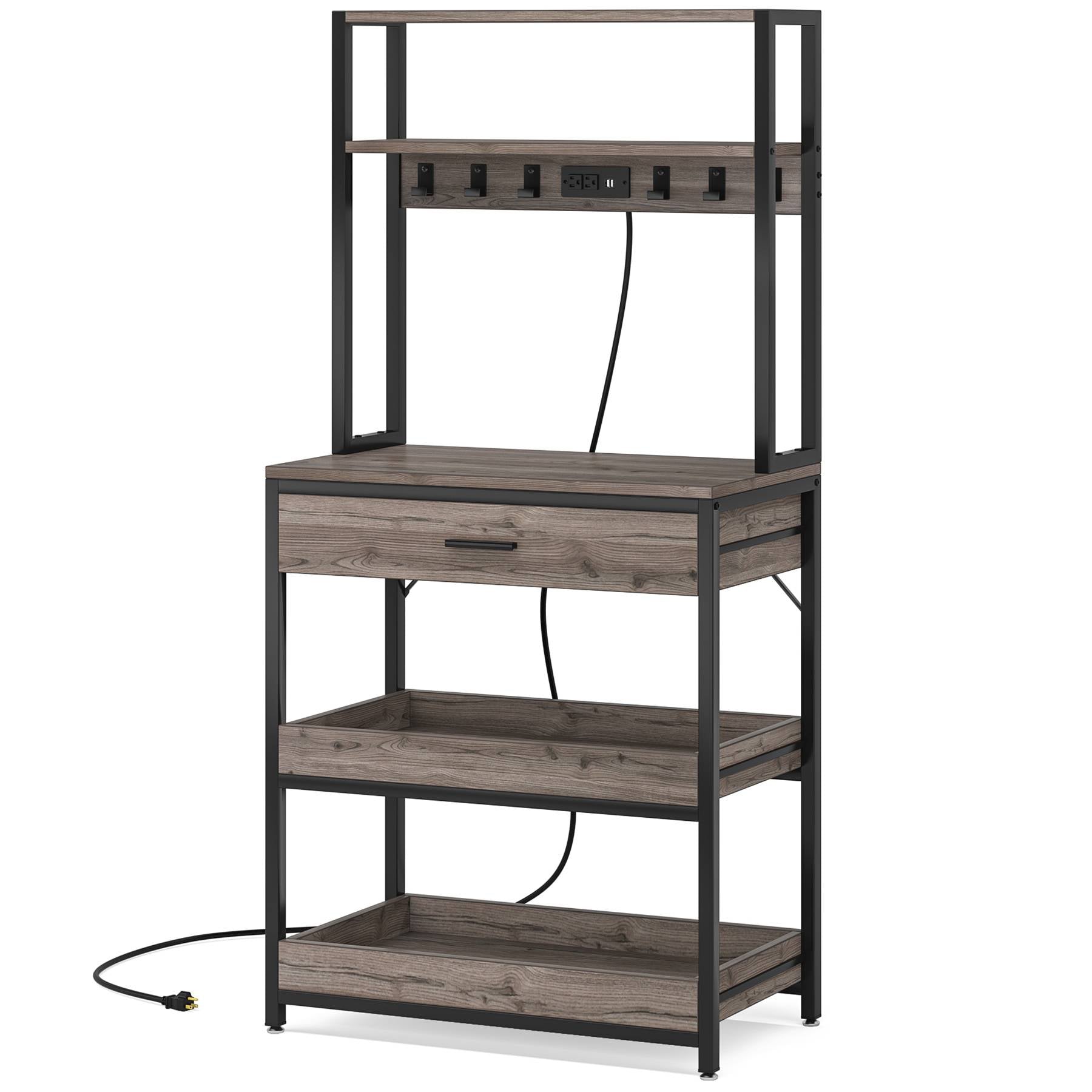 5-Tier Kitchen Baker's Rack with Power Outlets, Drawer & Sliding Shelves