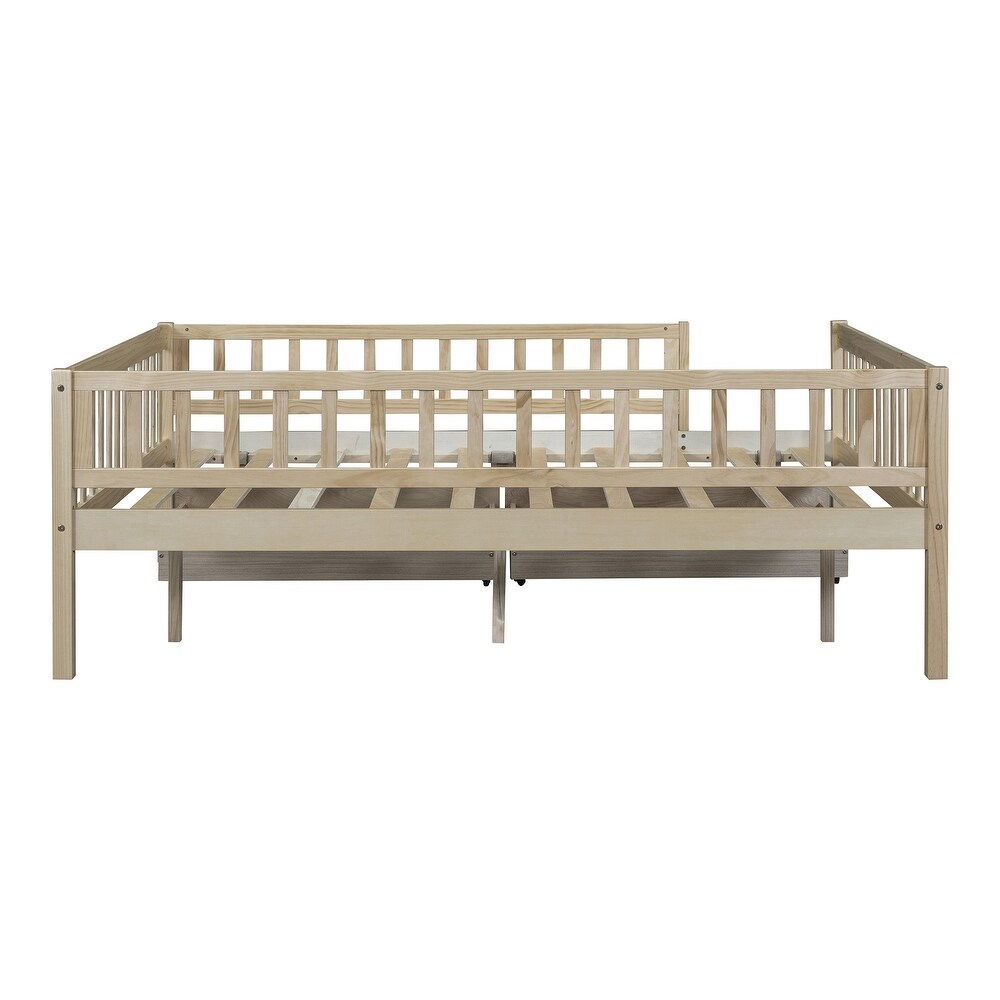 Wood Full Size Daybed with Full Length Guardrails for Kids Boys Girls Natural