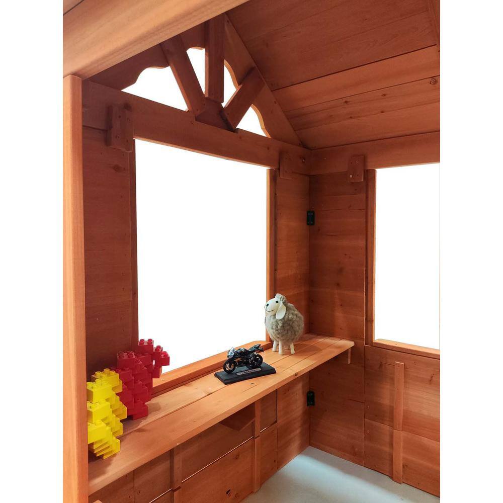 Golden Outdoor Wood Playhouse with 2-Windows and Flowerpot Holder BF1663C496