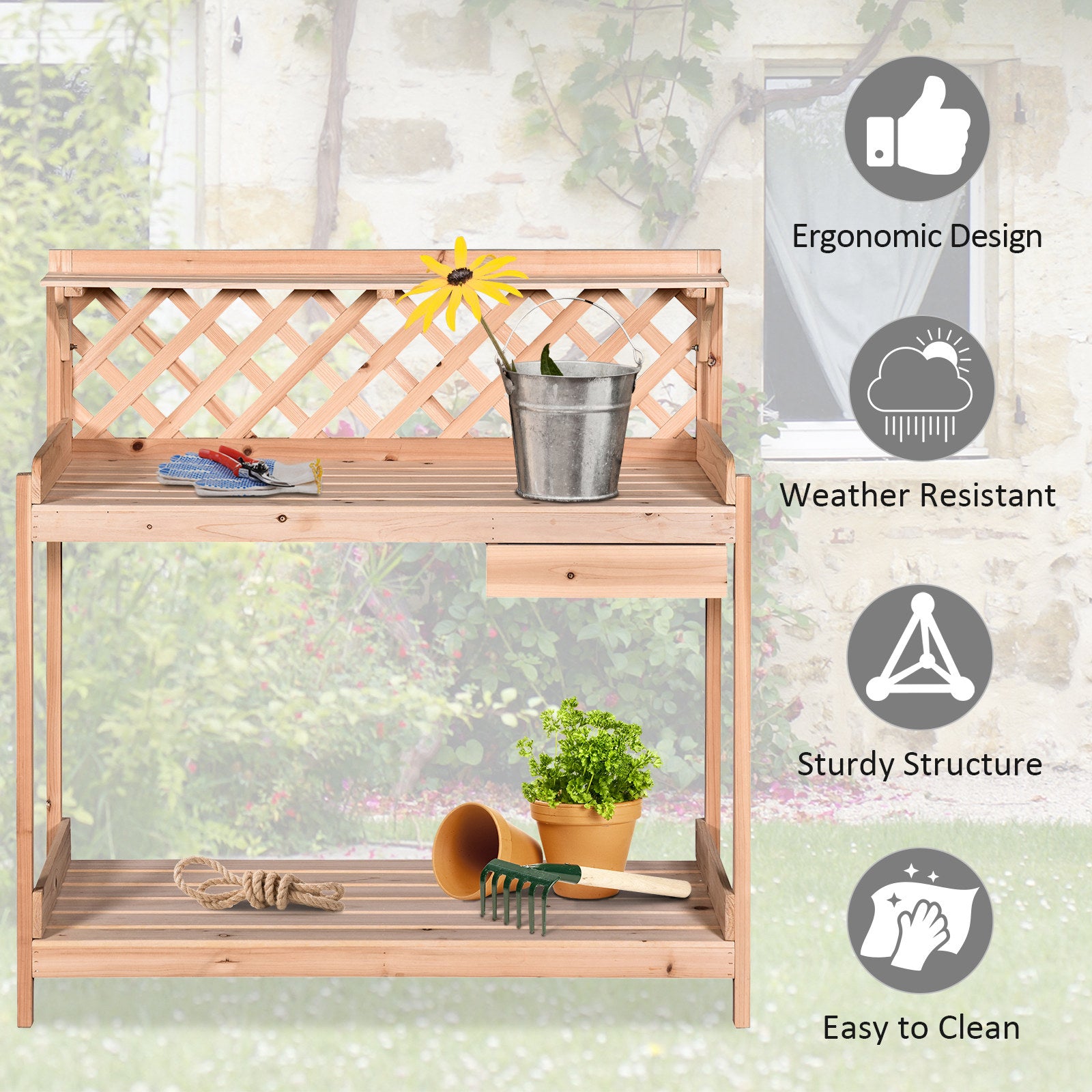 Outsunny Outdoor Garden Potting Bench, Wooden Workstation Table w/ Drawer, Hooks, Open Shelf, Lower Storage and Lattice Back for Patio, Backyard and Porch