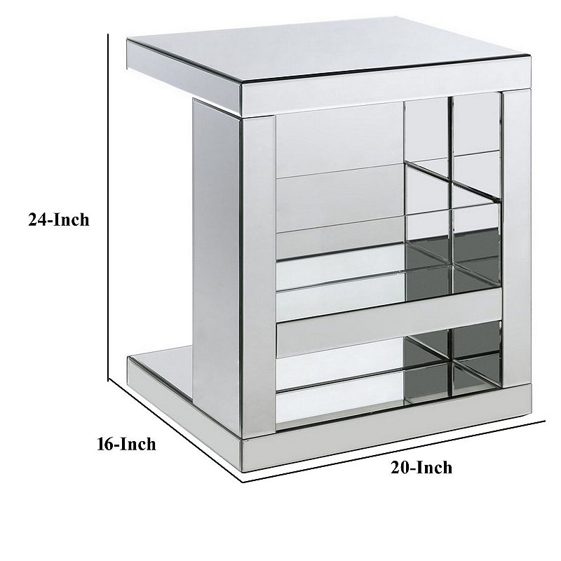 Accent Table with Mirrored Panels and C Shape， Silver