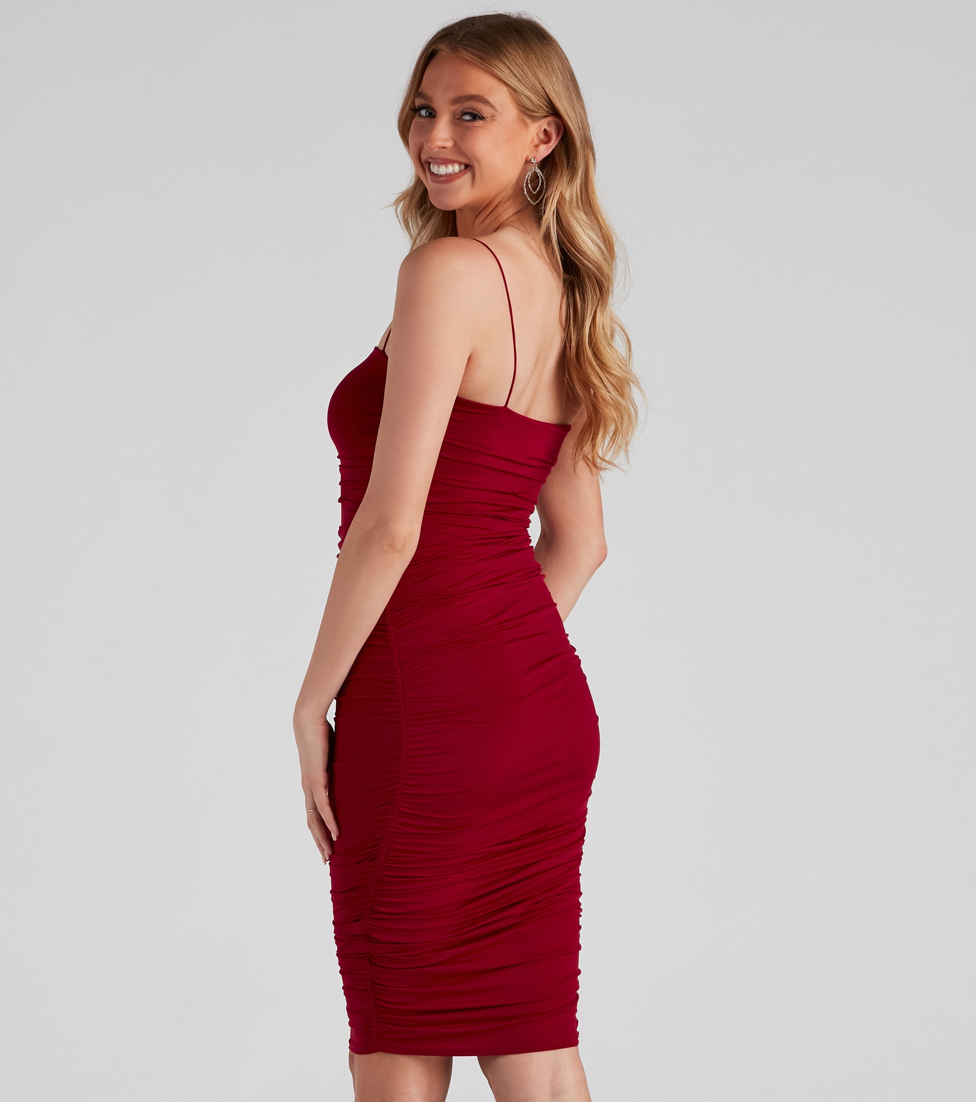 She's A Showstopper Ruched Midi Dress