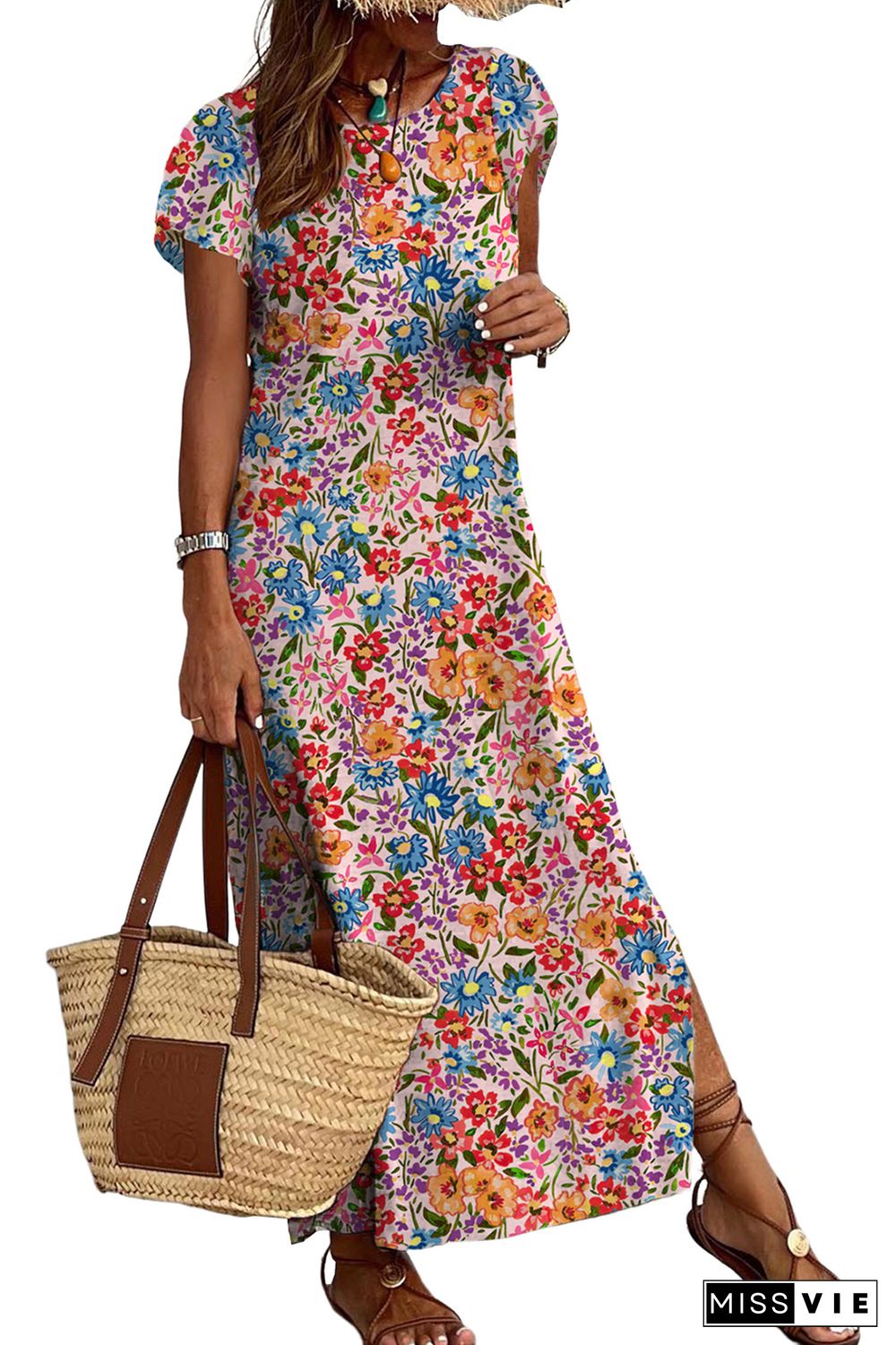 Multicolor Long Floral Print Short Sleeve Holiday Dress