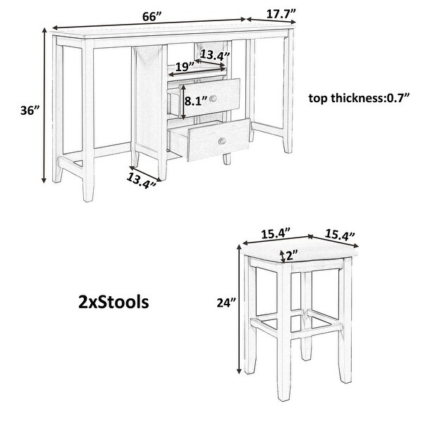 Farmhouse three-piece dining table with rustic counter height table， two drawers and two small place stools