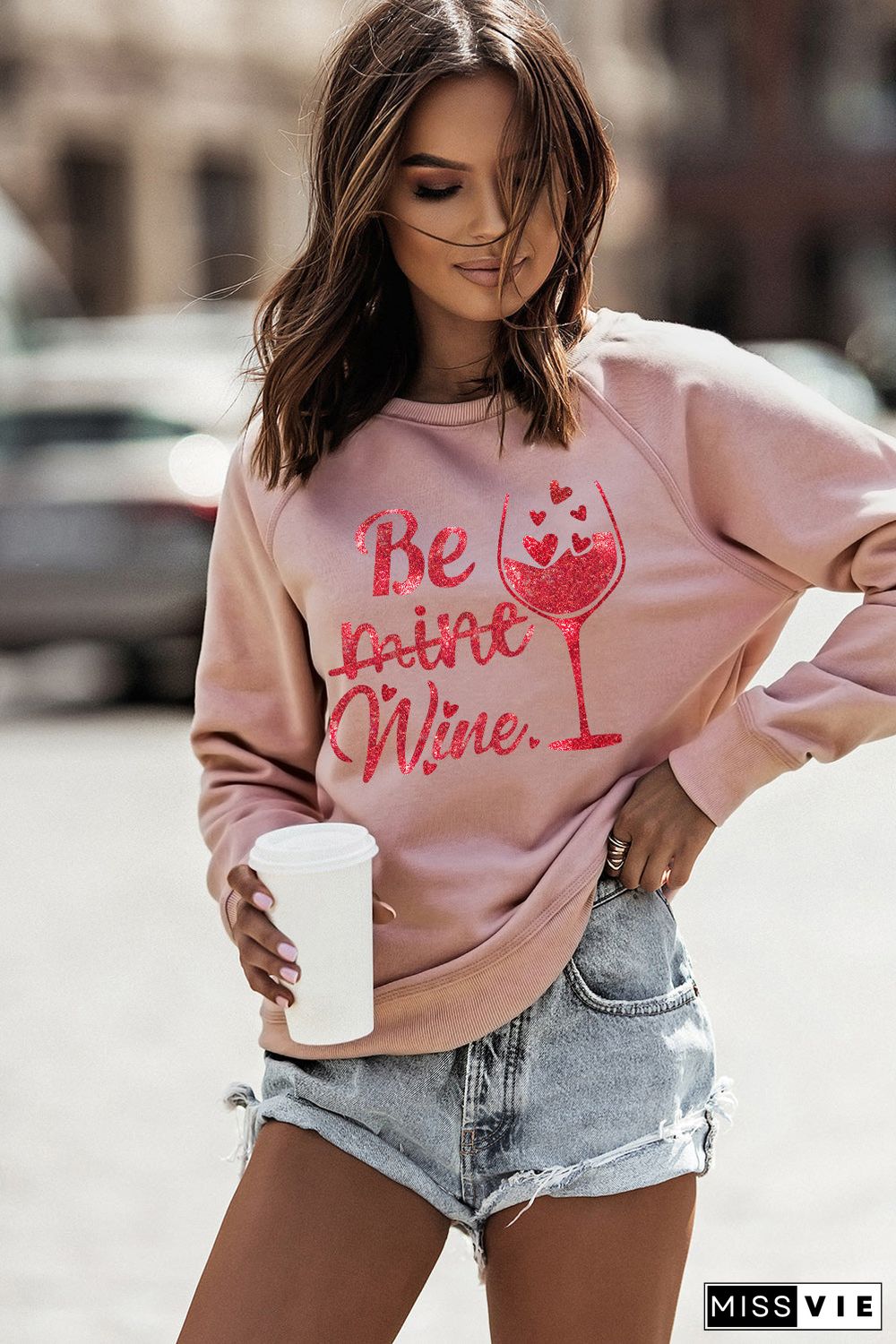 Pink Be Mine Wine Shining Graphic Print Sweatshirt