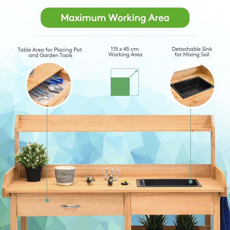 Outdoor Patio Potting Bench Table with Sink, Drawer, Shelves & Hooks, Fir Wood Garden Work Bench Workstation