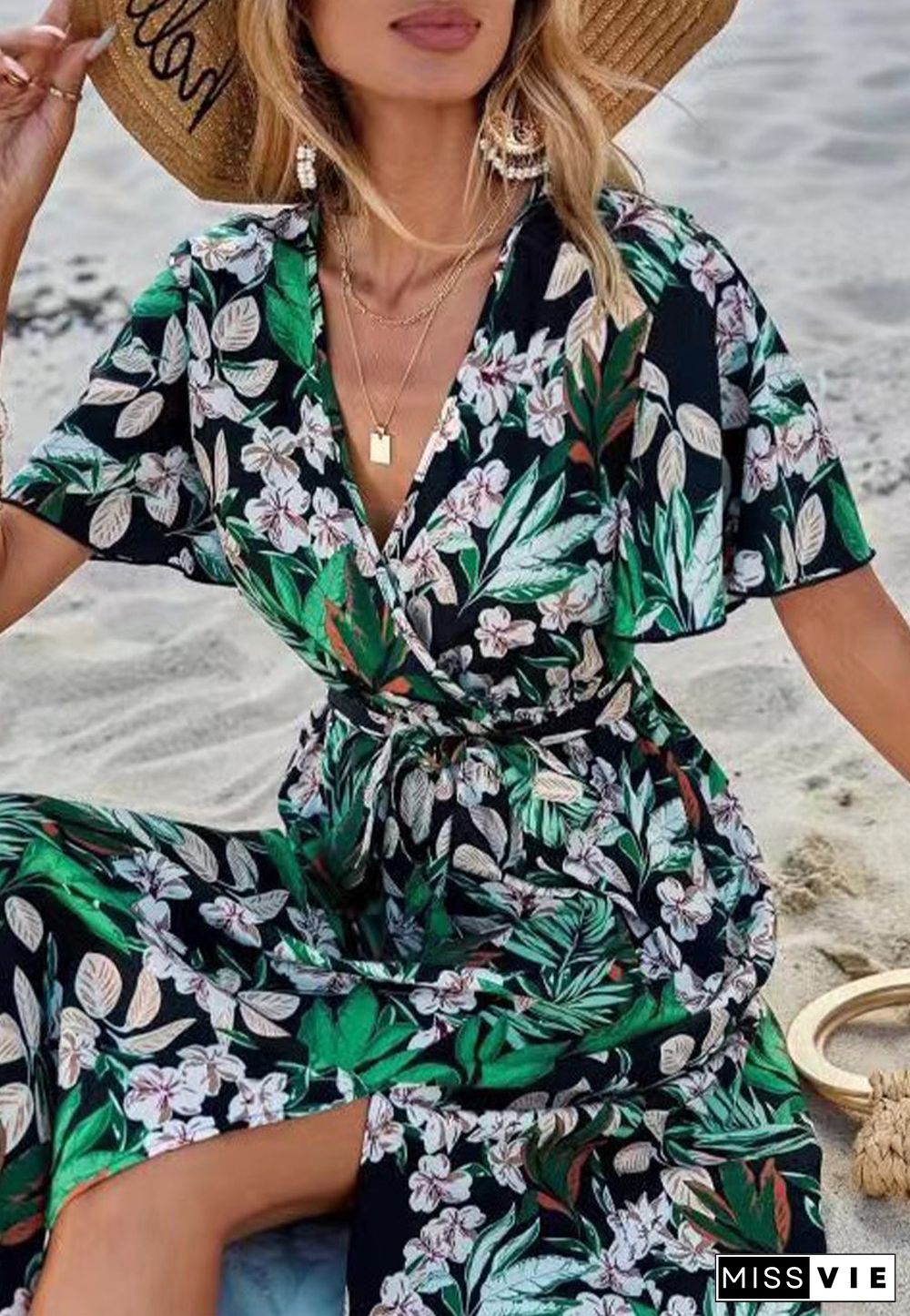 Tropical Floral Print Slit Dress