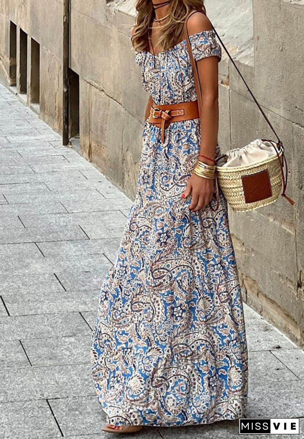 Paisley Print Off-Shoulder Maxi Dress