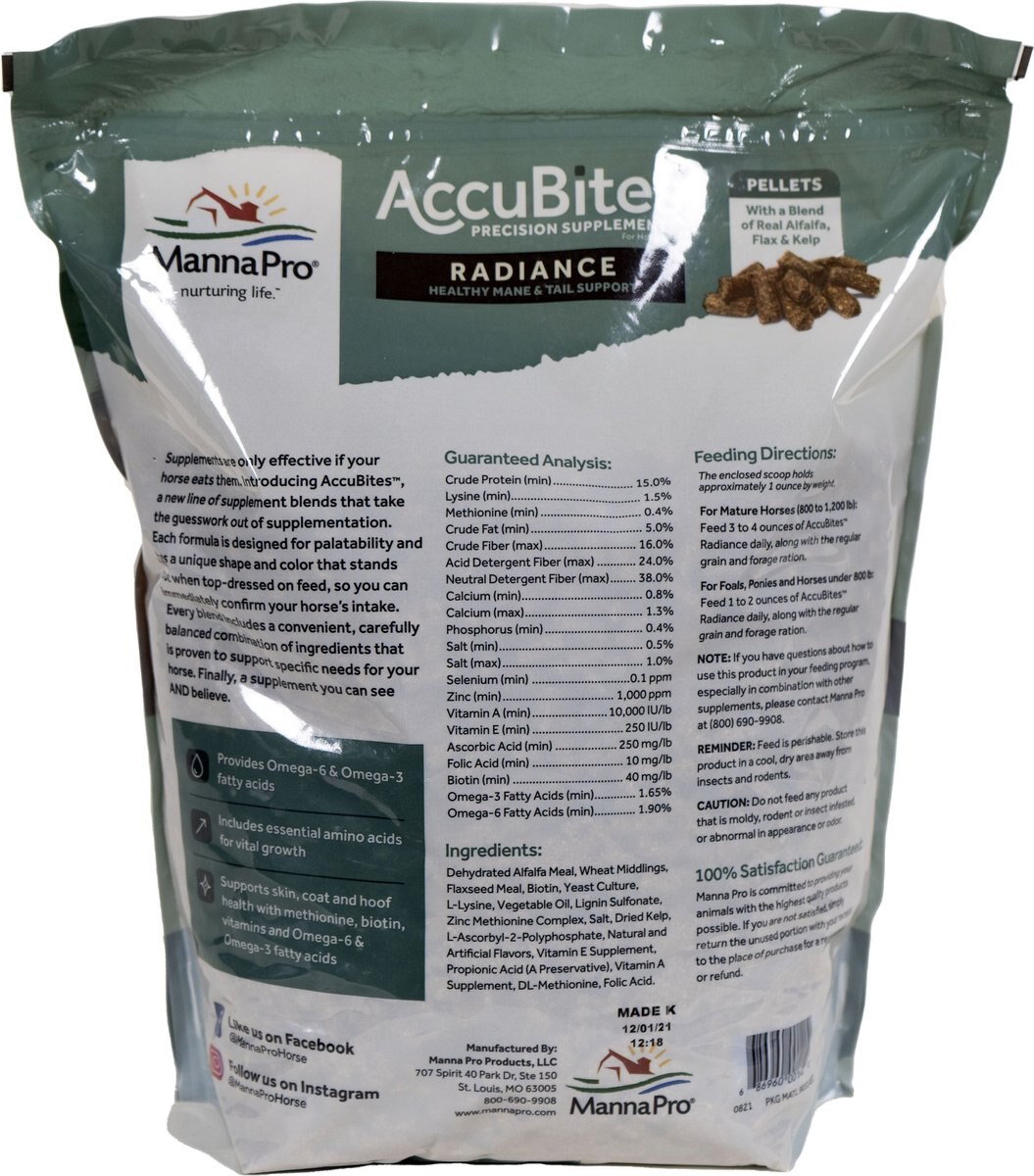 Manna Pro MP Accubites Radiance Equine Horse Supplement， 7.5-lb bag